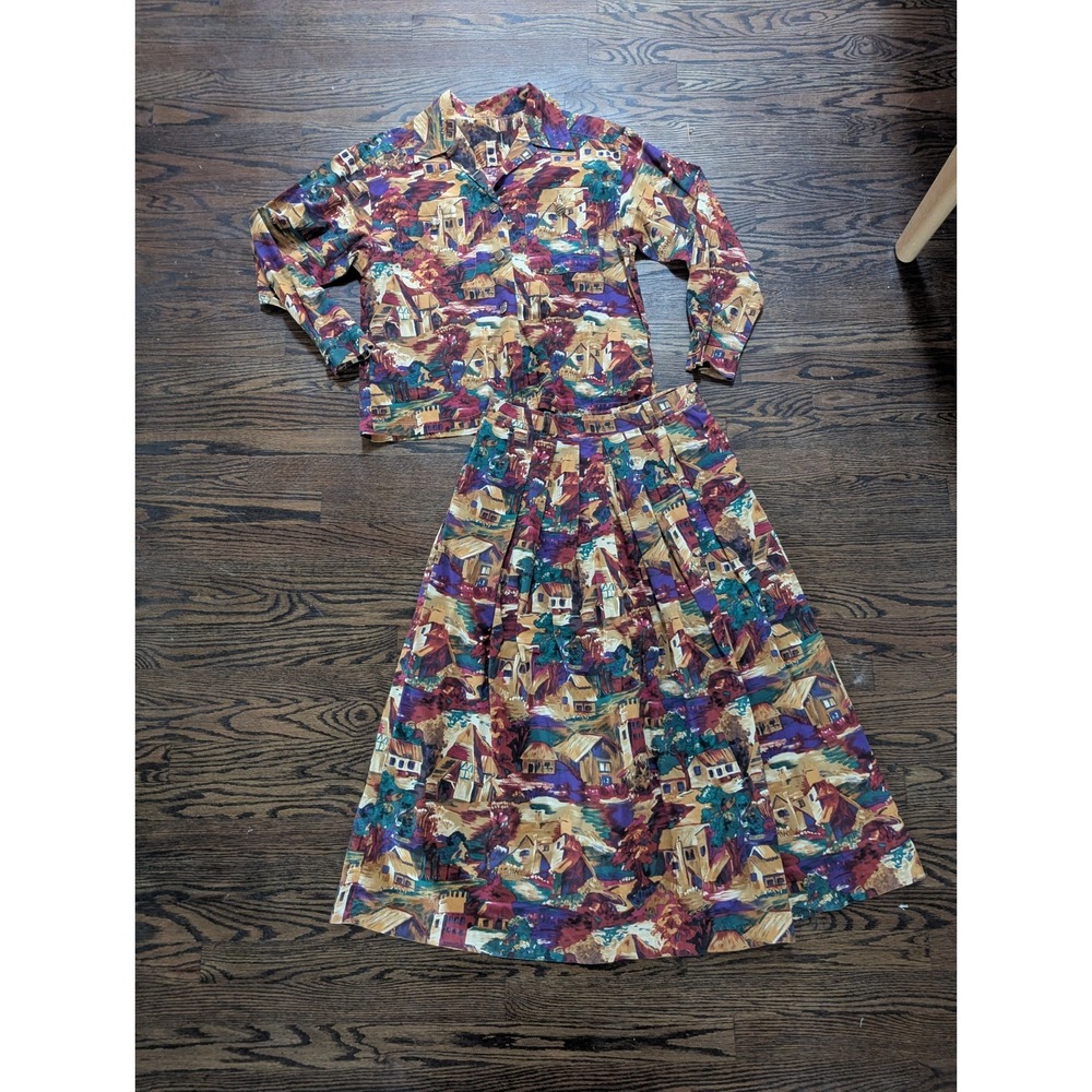 Vtg Handmade 2 Piece Skirt Set Women size L All Over Village Print Shirt Pleated